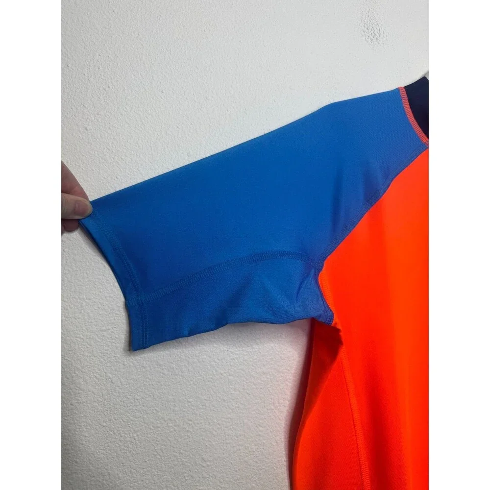 Lands’ End Boys XL Husky Rash Guard Colorblock Orange Blue Short Sleeve Swim Top